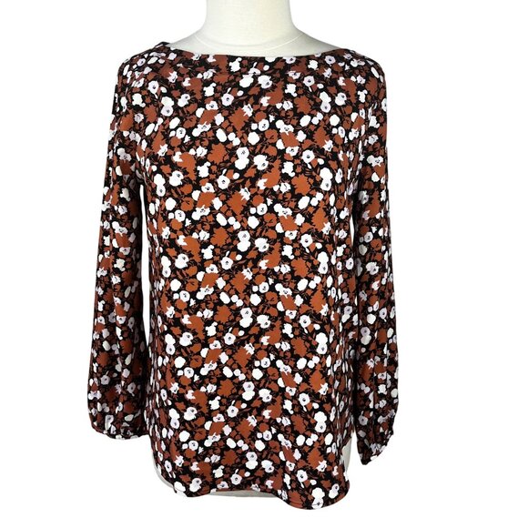 Essentials Long Sleeve Blouse Womens Medium Brown Black New Floral - Picture 1 of 9